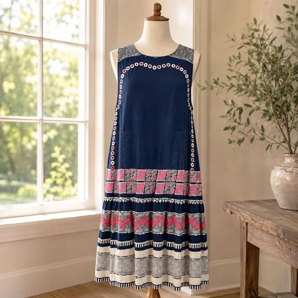 NorBlack NorWhite Printed Midi Dress Boho Festival Tribal Navy Pink Small